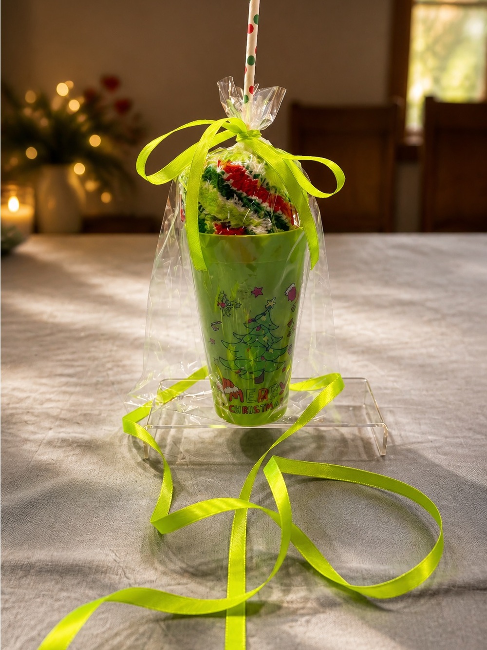 Lime Green Holiday Knit Cup Socks Gift NWOT